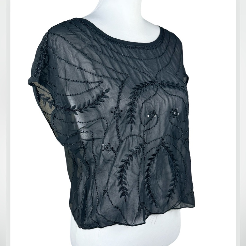 Verte NWT Black Lux Beaded Sequin Relaxed Fit Blouse Top Large Francesca’s - Picture 3 of 7